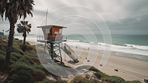 View of lifeguard tower and palm trees