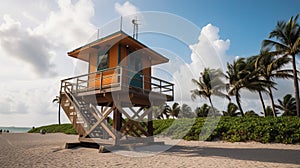 View of lifeguard tower and palm trees