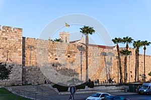 View in the light of the sunset on the walls of the old city near the Jaffa Gate in Jerusalem, Israel