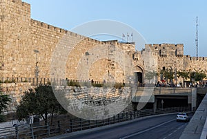 View in the light of the sunset on the walls of the old city near the Jaffa Gate in Jerusalem, Israel