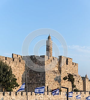 View in the light of the sunset on the walls of the old city near the Tower of David in Jerusalem, Israel