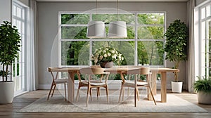 View of light wall with empty white frame in dining room interior in house, green plant and nature view from large window