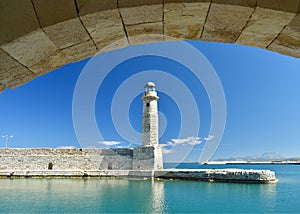 View of the lighthouse in the port of Rethymnon