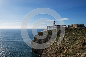 View of the Lighthouse at the Saint Vincent Cape Cabo de Sao Vincente in Sagres, Algarve, Portuga photo