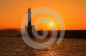 View of the lighthouse in the sea in Chania, Crete, Greece