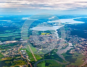 View of Lillestrom town from an airplane on the approach to Gardermoen Airport