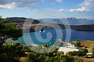 View of Lindos beach in August. Lindos, Rhodes Island, Dodecanese, Greece