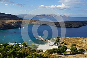 View of Lindos beach in August. Lindos, Rhodes Island, Dodecanese, Greece