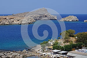 View of Lindos beach in August. Lindos, Rhodes Island, Dodecanese, Greece