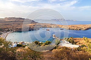 View at Lindou Bay from Lindos Acropol Rhodes island, Greece