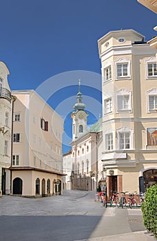 View into Linzer Gasse, main access to historic district of Salzburg