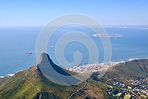 View of Lionâ€™s Head and Robben Island in the distance at Cape Town in South Africa