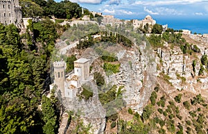 View of little castle Torretta Pepoli and Church of St. John the Baptis in Erice, province of Trapani in Sicily. photo