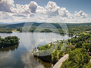 View of a little town, lake and river from the sky. Cowansville, Quebec, Canada