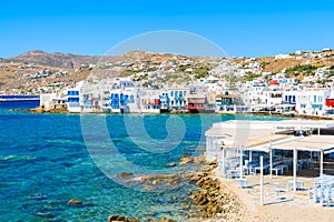 View of Little Venice part of Mykonos town and beautiful beach,View of Little Venice part of Mykonos town and beautiful beach,
