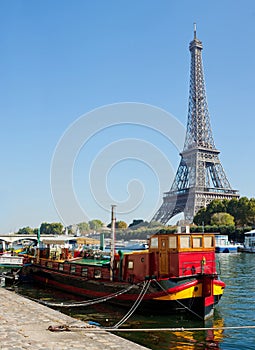 View of a living barge on the Seine in Paris