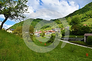 View of Ljubinj village near Tolmin in Primorska, Slovenia