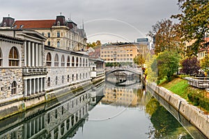 View of Ljubljanica river and Triple Bridge or Tromostovje. Ljubljana. Slovenia