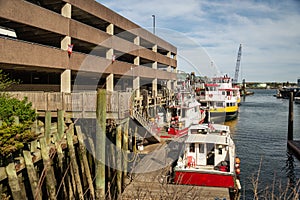 View of lobster boats in the Portland harbor, Casco Bay, Maine, United States.