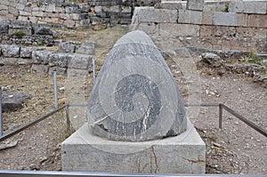 The view on location or spot of th Omphalos, the famous religious stone artifact Delphi, Greece.