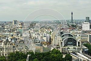 LondonÂ´s Eye - a view north-west across the River Thames to the beautiful Victorian station of Charing Cross. England