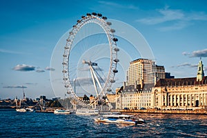 View of London with the river Thames , the Southbank and the London Eye