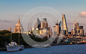 The view of London`s city hall and modern skyscrapers at sunny day.