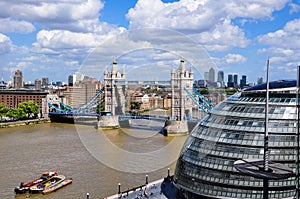 View of London Tower Bridge, City Hall and Canary Wharf photo