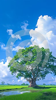 view Lonely Bodhi tree in paddy field White clouds, blue sky