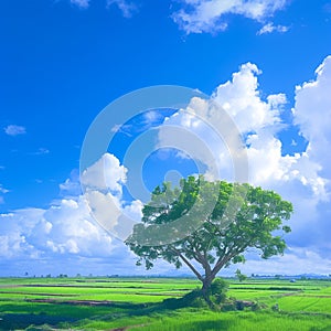 view Lonely Bodhi tree in paddy field White clouds, blue sky