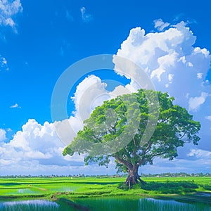 view Lonely Bodhi tree in paddy field White clouds, blue sky