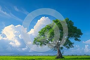 view Lonely Bodhi tree in paddy field White clouds, blue sky