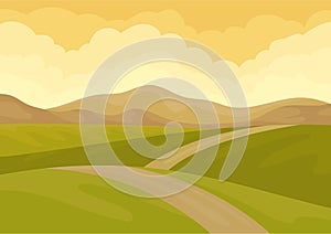 View on long ground road, green meadows and brown hills. Beautiful natural landscape. Flat vector design