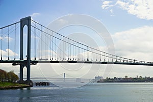 View of Long Island Sound between the boroughs of Queens and the Bronx with The Whitestone and Throgs Neck Bridges.