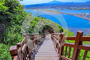 View of the long stairs, the city and the amazing nature