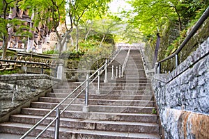 A view of the long stairway at Kiyomizu-dera temple. Kyoto Japan