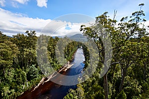 the view looking down into a deep blue river in a forest