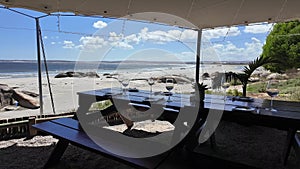 View looking out over beach to the Atlantic Ocean from restaurant.