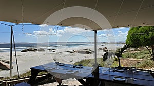 View looking out over beach to the Atlantic Ocean from restaurant.