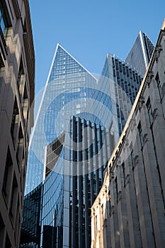 View looking skywards at the commercial skyscrapers on Lime Street including The Scalpel building in the centre of the photo. photo