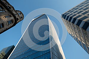 View looking skywards on Lime street, showing the The Fenchurch Building at 20 Fenchurch Street, London UK