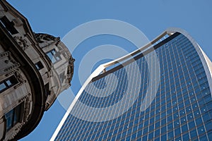 View looking skywards on Lime street, showing the The Fenchurch Building at 20 Fenchurch Street, London UK