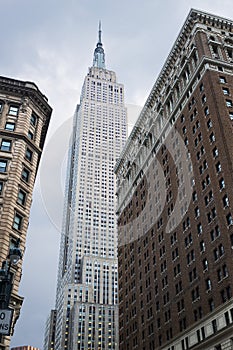 View looking up of the Empire State Building, seen from Herald Square, ,  New York City, United States