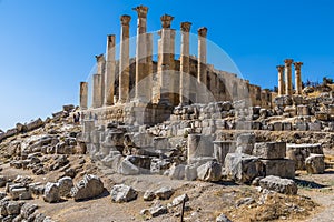 A view looking up at the Temple of Zeus in the ancient Roman settlement of Gerasa in Jerash, Jordan
