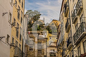 A view looking up to the top of the Alfama distict in the city of Lisbon