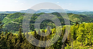 View from lookout tower on Smrekovka hill above Vychylovka settlement in Slovakia