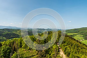 View from lookout tower on Smrekovka hill above Vychylovka village in Slovakia