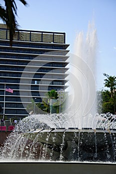 View of the Los Angeles fountain with downtown cityscape