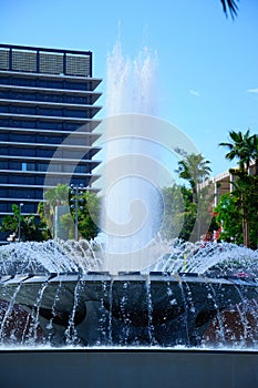 View of the Los Angeles fountain with downtown cityscape