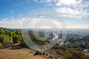 View of Los Angeles from the Hollywood Hills. Down Town LA. Hollywood Bowl. Warm sunny day. Beautiful clouds in blue sky